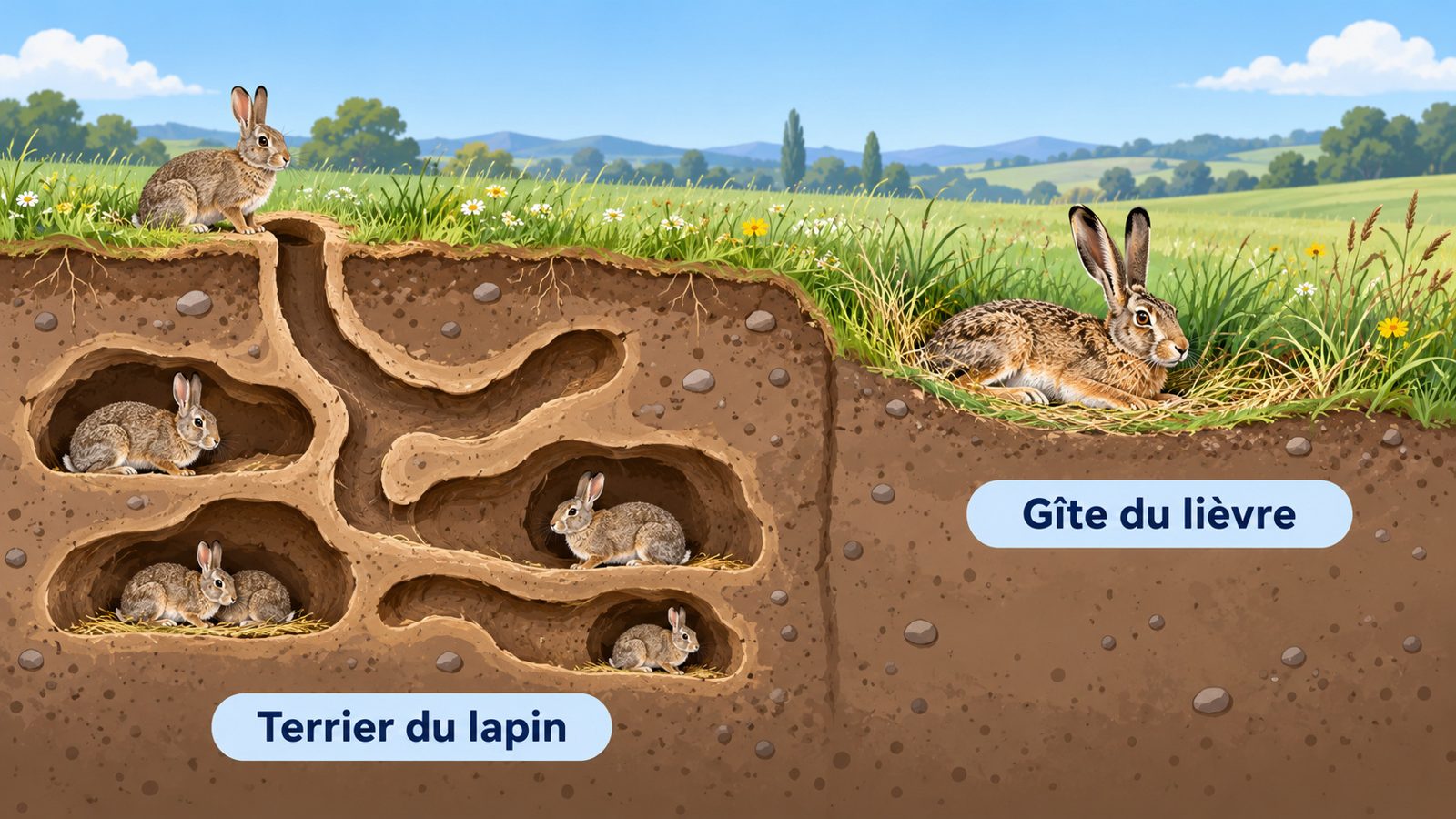Schéma comparant le terrier souterrain du lapin et le gîte en surface du lièvre
