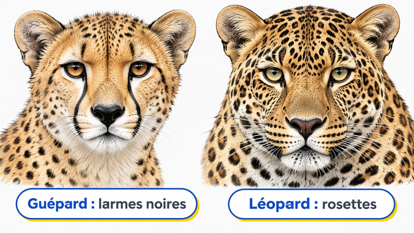 Comparaison en gros plan de la tête d'un guépard avec ses larmes noires et de la tête d'un léopard plus large couverte de rosettes