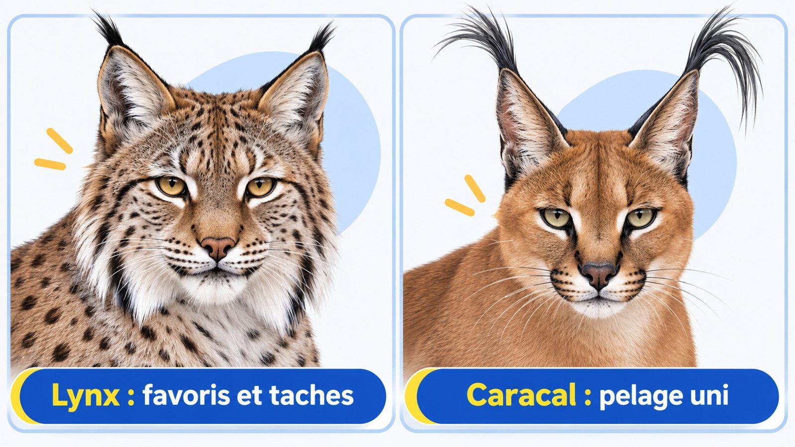 Comparaison en gros plan de la tête d'un lynx boréal tacheté avec ses favoris et de la tête d'un caracal au pelage uni couleur sable et aux très longs pinceaux noirs