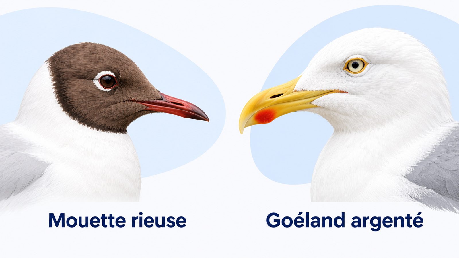 Comparaison de profil de la tête d'une mouette rieuse et de celle d'un goéland argenté