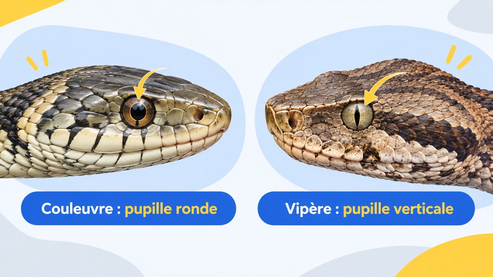 Comparaison de la tête d'une couleuvre à pupille ronde et d'une vipère à pupille verticale