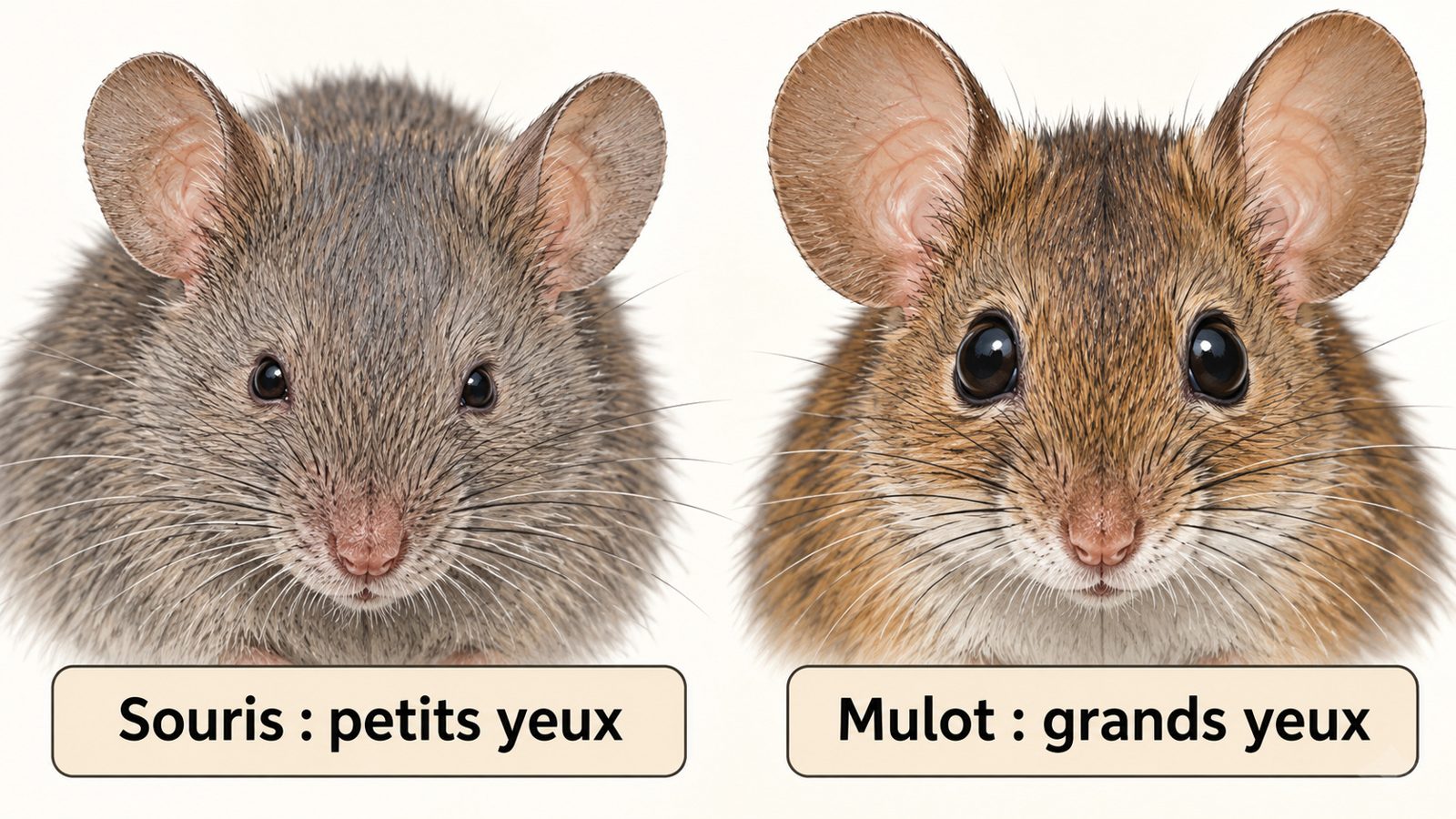Comparaison en gros plan de la tête d'une souris grise aux petits yeux et de la tête d'un mulot aux grands yeux noirs et aux grandes oreilles