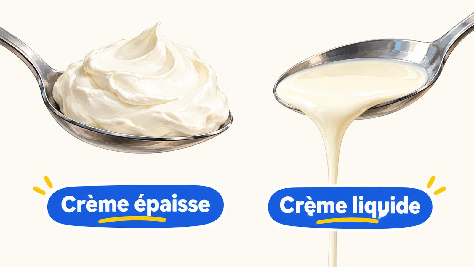 Comparaison d'une cuillère de crème fraîche épaisse qui ne coule pas et d'une cuillère de crème liquide qui coule en filet