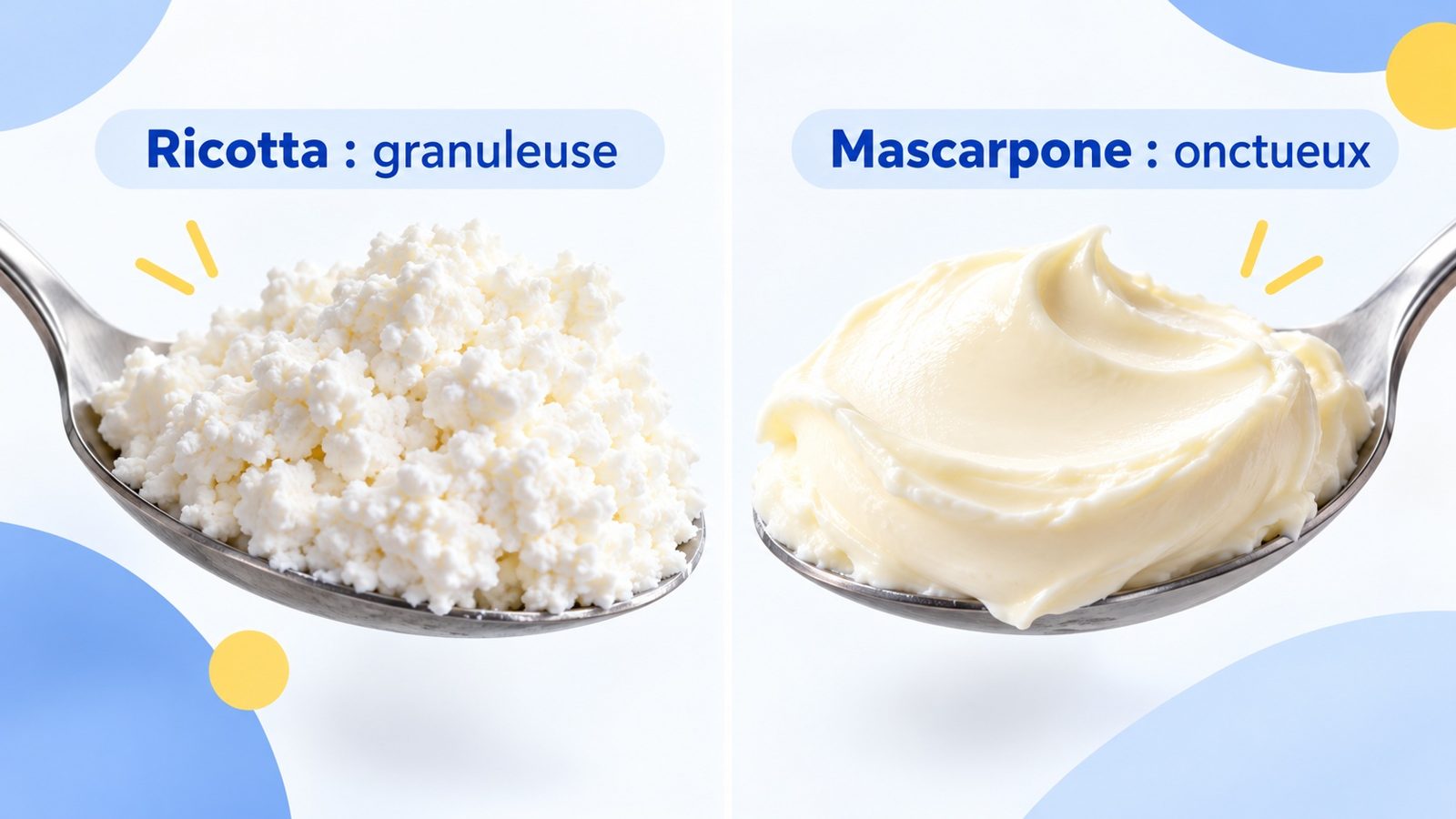Comparaison en gros plan de la texture granuleuse de la ricotta et de la texture lisse du mascarpone