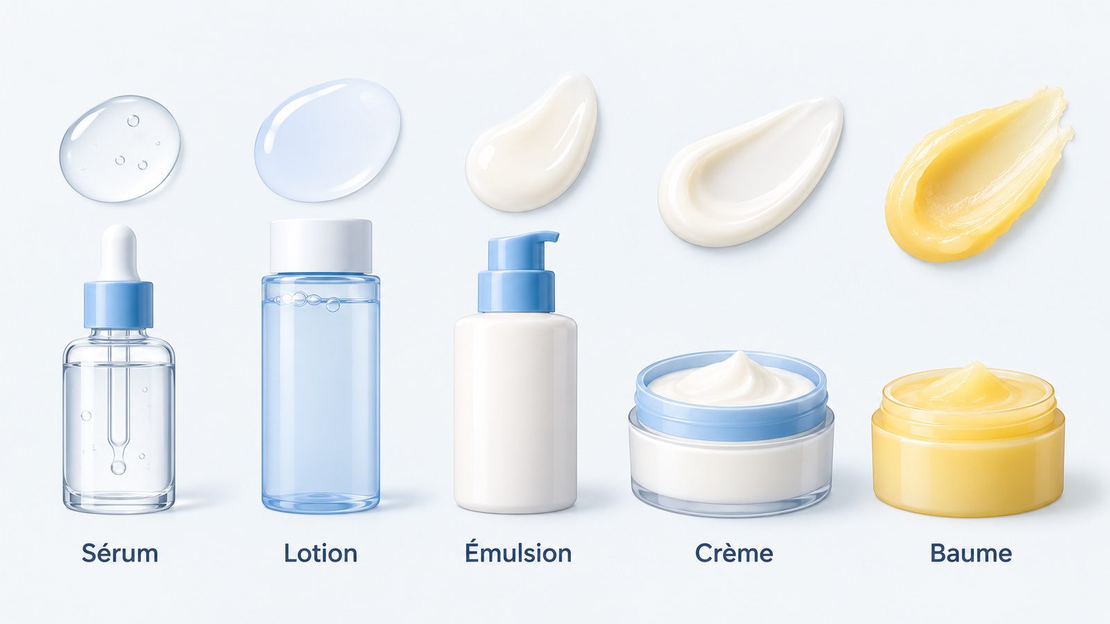 Textures des soins de la plus fluide à la plus épaisse : sérum, lotion, émulsion, crème, baume