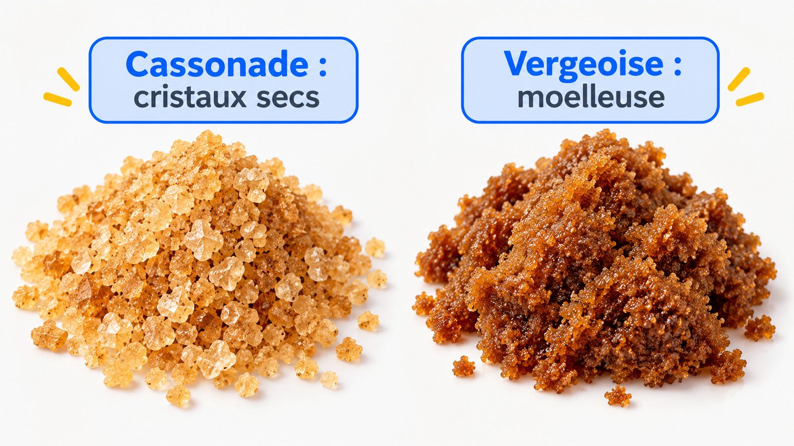 Comparaison de gros cristaux secs de cassonade et de vergeoise brune moelleuse dans deux bols