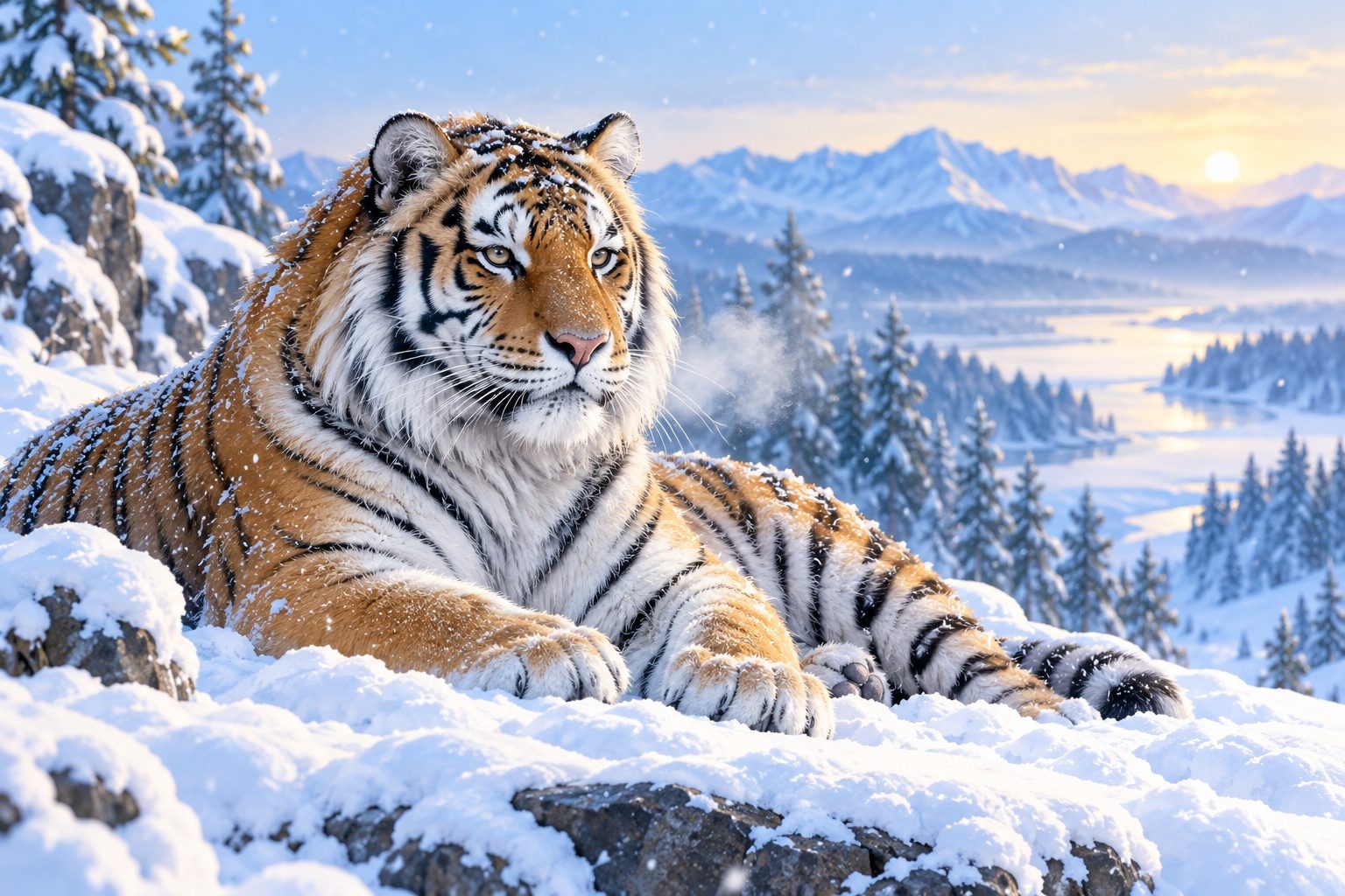 Tigre de Sibérie couché dans la neige