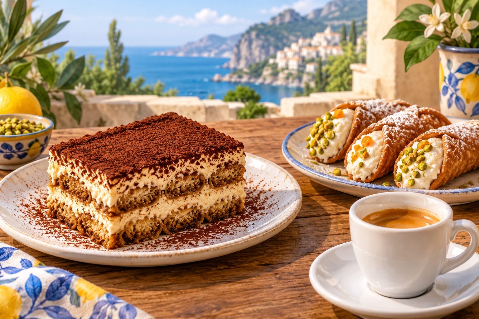 Une part de tiramisu au mascarpone et des cannoli garnis de ricotta sur une table