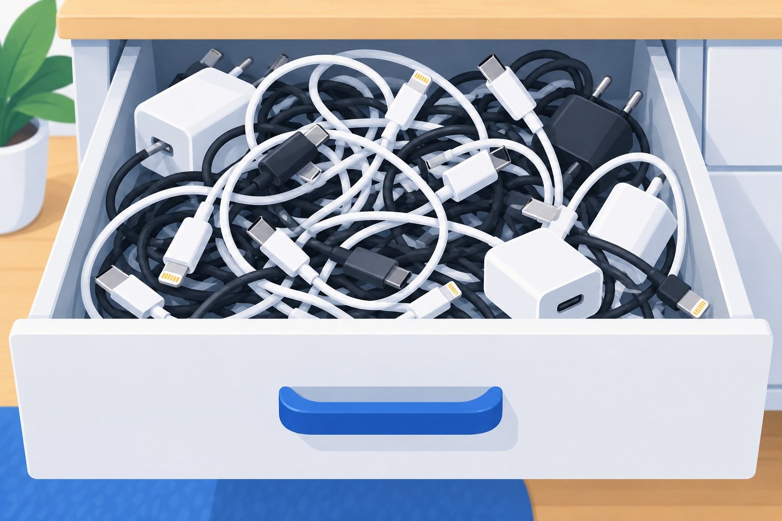 Tiroir rempli de câbles de recharge emmêlés avec des fiches USB-C et Lightning et quelques chargeurs