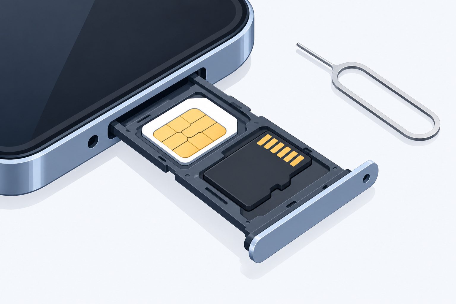 Tiroir de smartphone ouvert avec une nano-SIM et une carte microSD