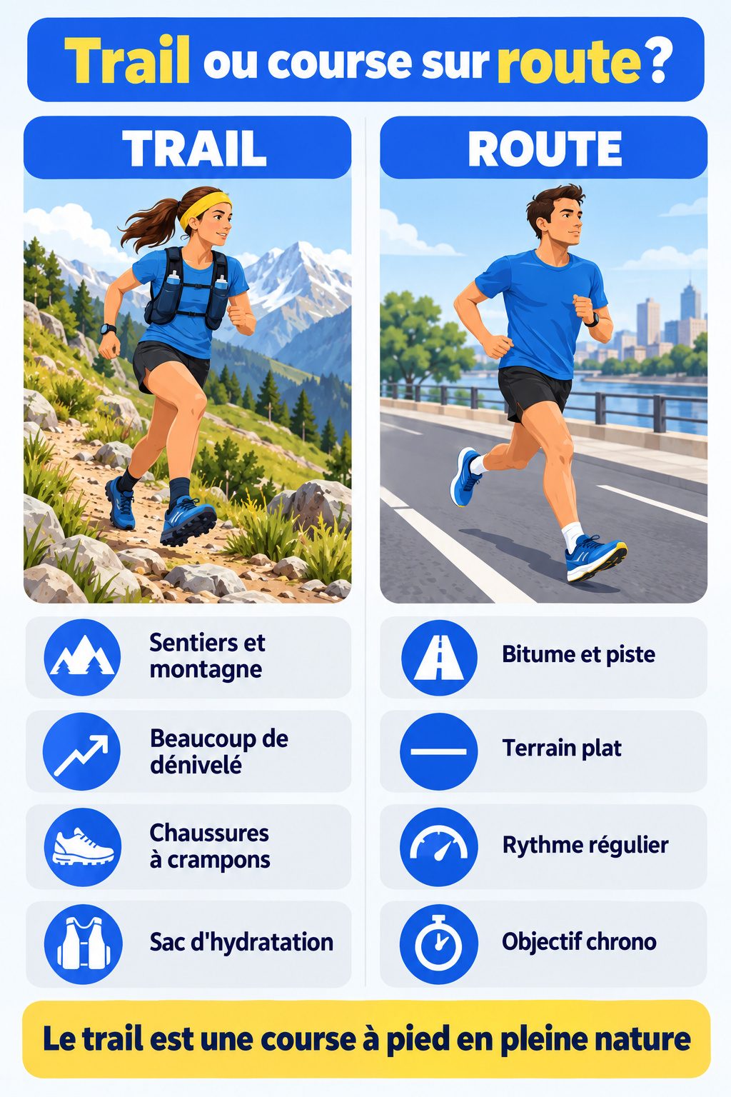 Différence entre trail et course sur route : infographie comparative