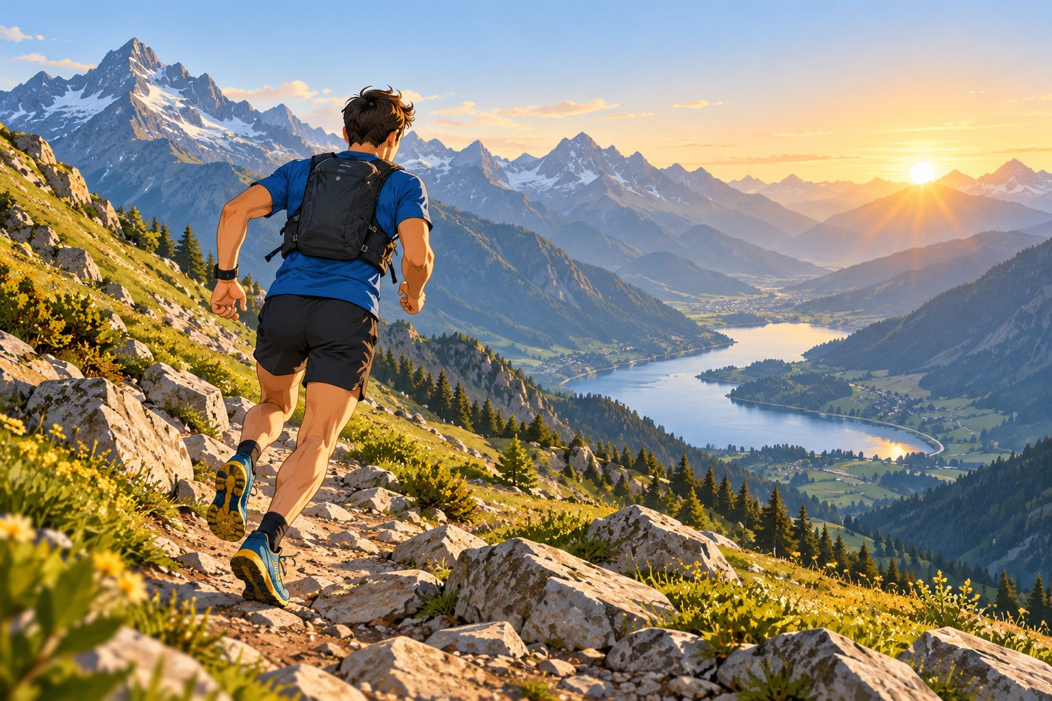Traileur qui descend un sentier de montagne au lever du soleil, avec des sommets et une vallée en arrière-plan