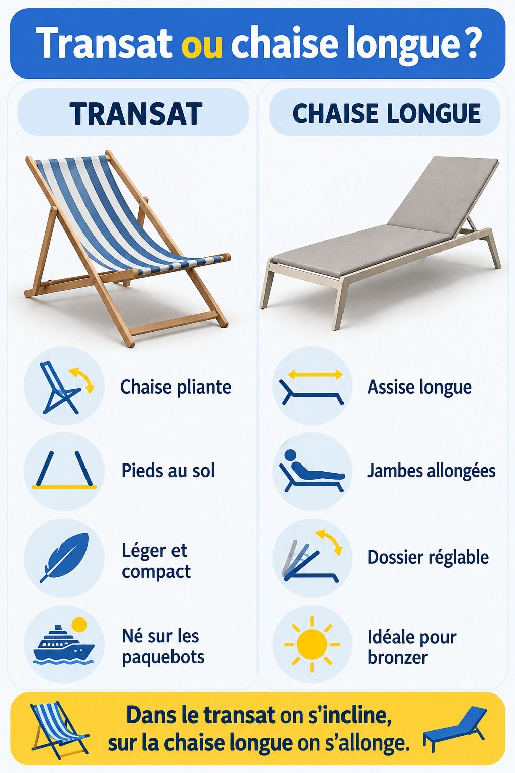 Différence entre transat et chaise longue : infographie comparative