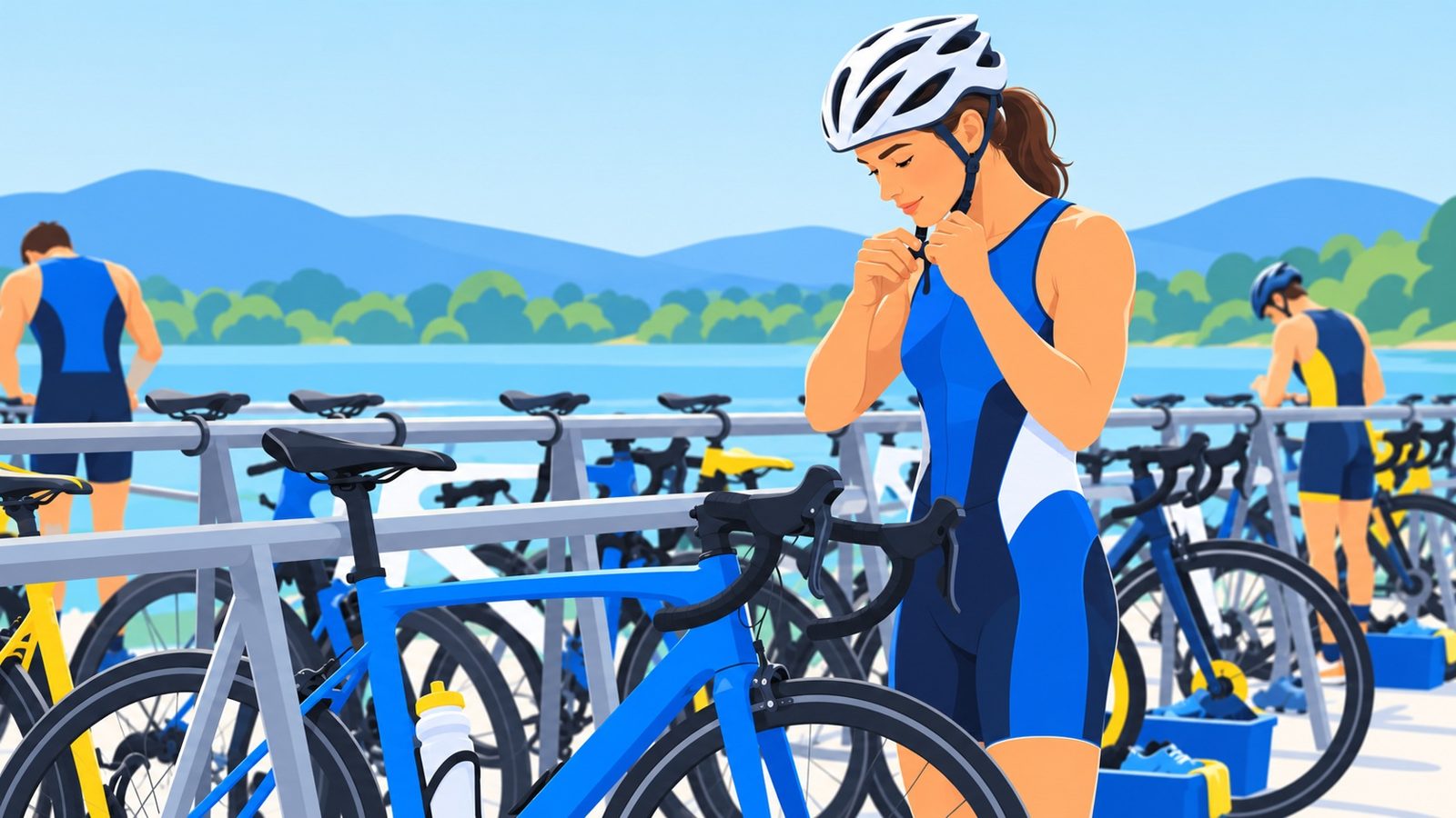 Parc à vélos d'une épreuve de multisport avec une athlète en trifonction qui attache son casque à côté des vélos de route