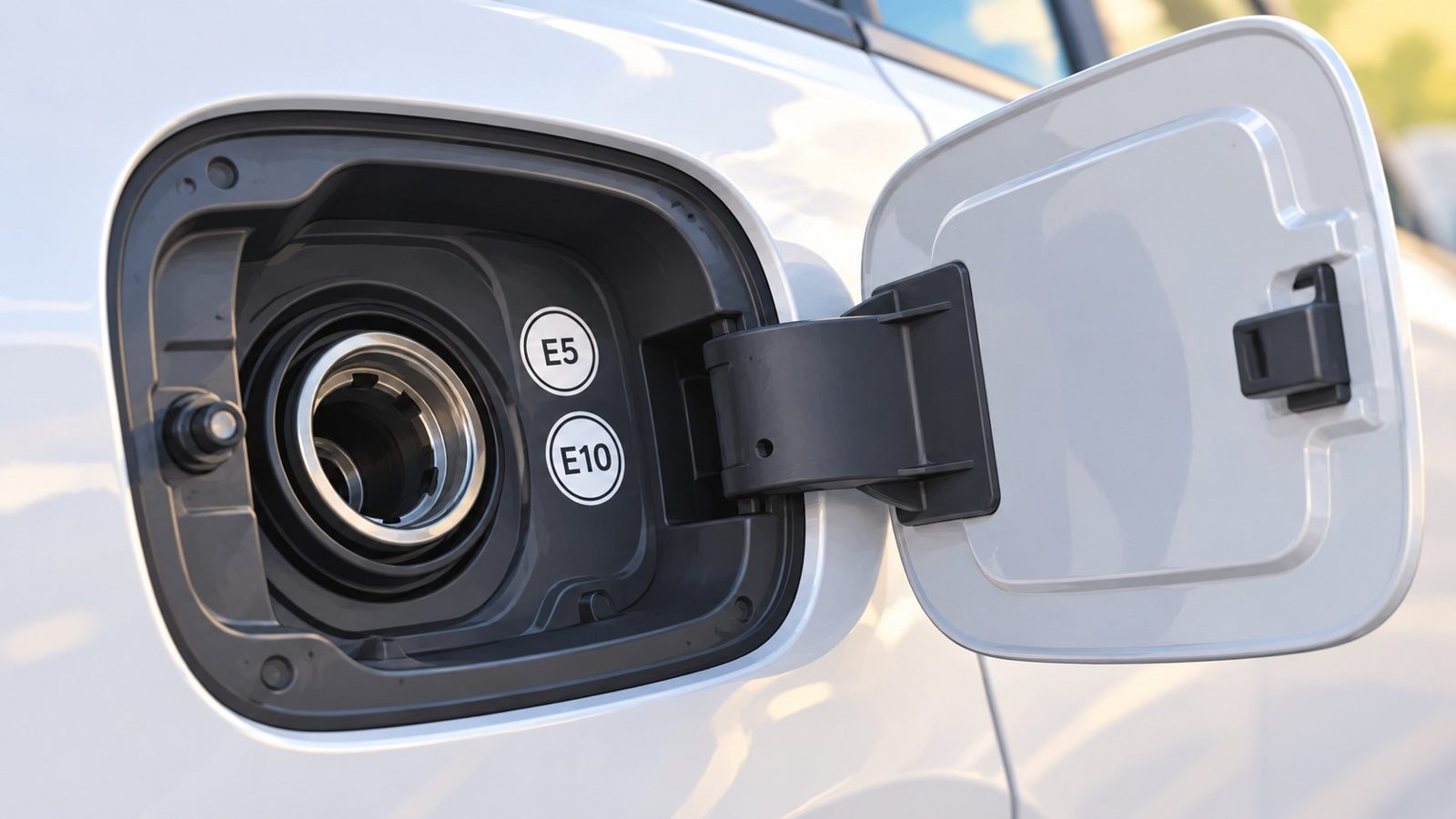 Trappe à carburant ouverte d'une voiture avec les étiquettes E5 et E10 à côté du bouchon