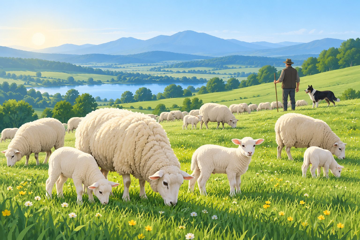 Troupeau de brebis et d'agneaux dans une prairie verte au printemps