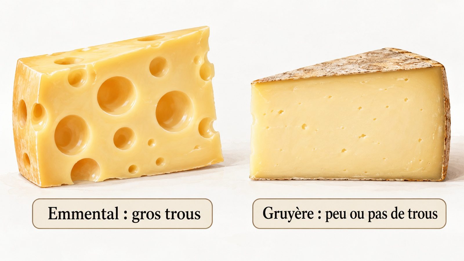 Comparaison d'une tranche d'emmental avec de gros trous et d'une tranche de gruyère presque sans trous