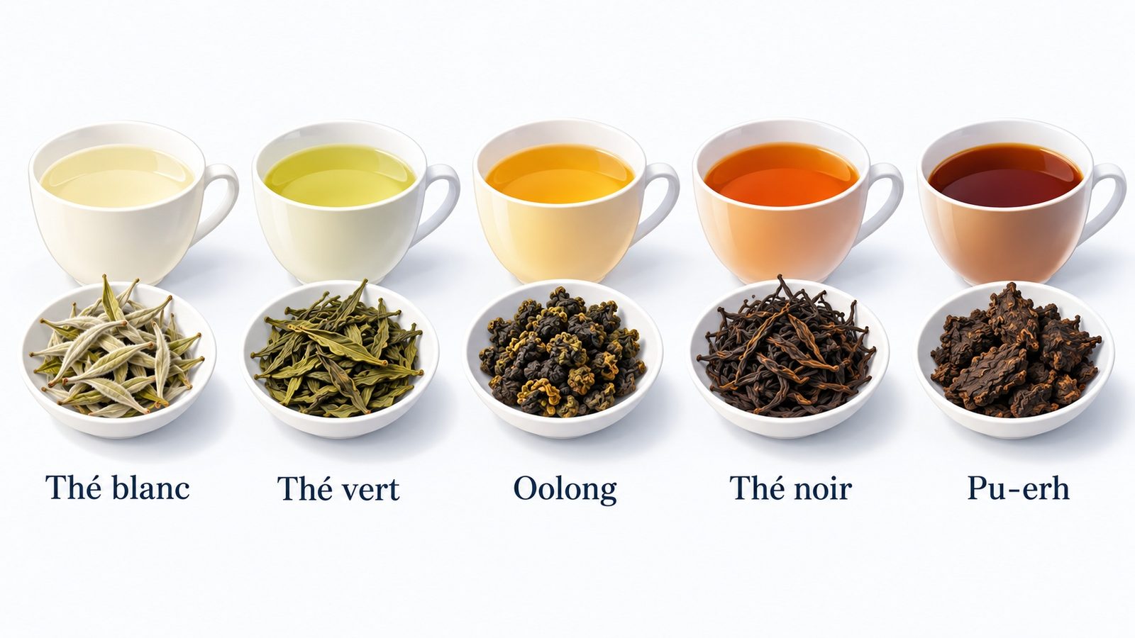 Les familles de thé : thé blanc, thé vert, oolong, thé noir et pu-erh