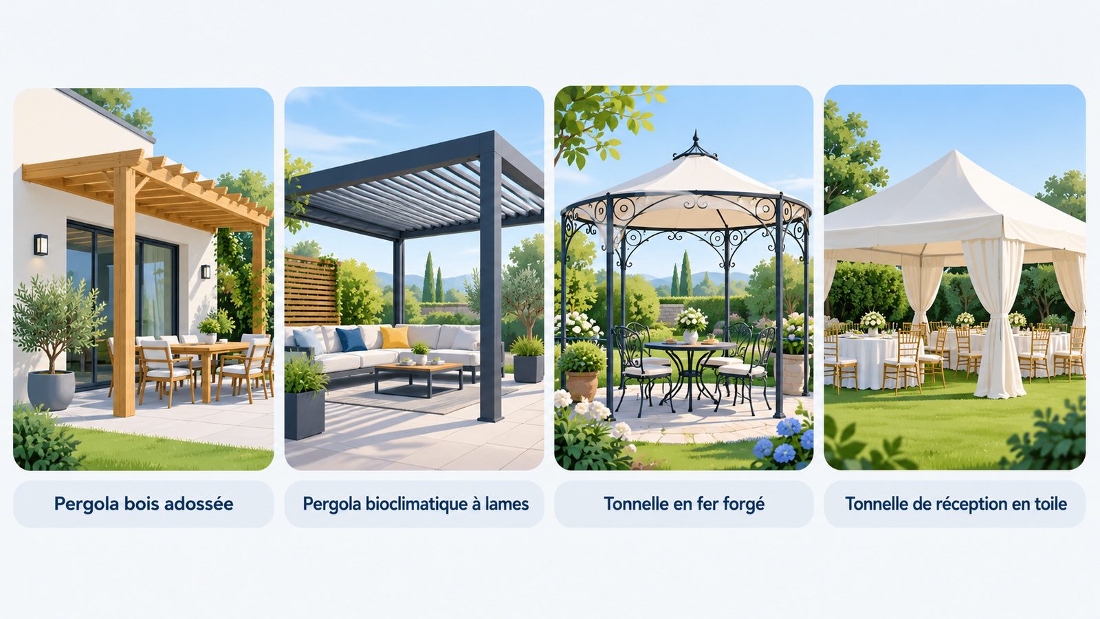 Pergola bois, pergola bioclimatique, tonnelle en fer forgé et tonnelle de réception