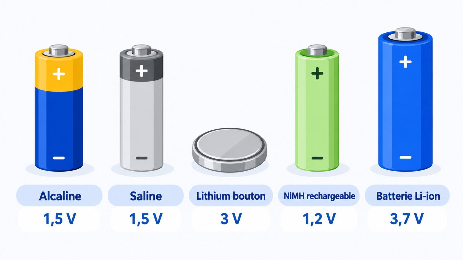 Les principaux types de piles et d'accumulateurs : alcaline, saline, lithium, NiMH et Li-ion