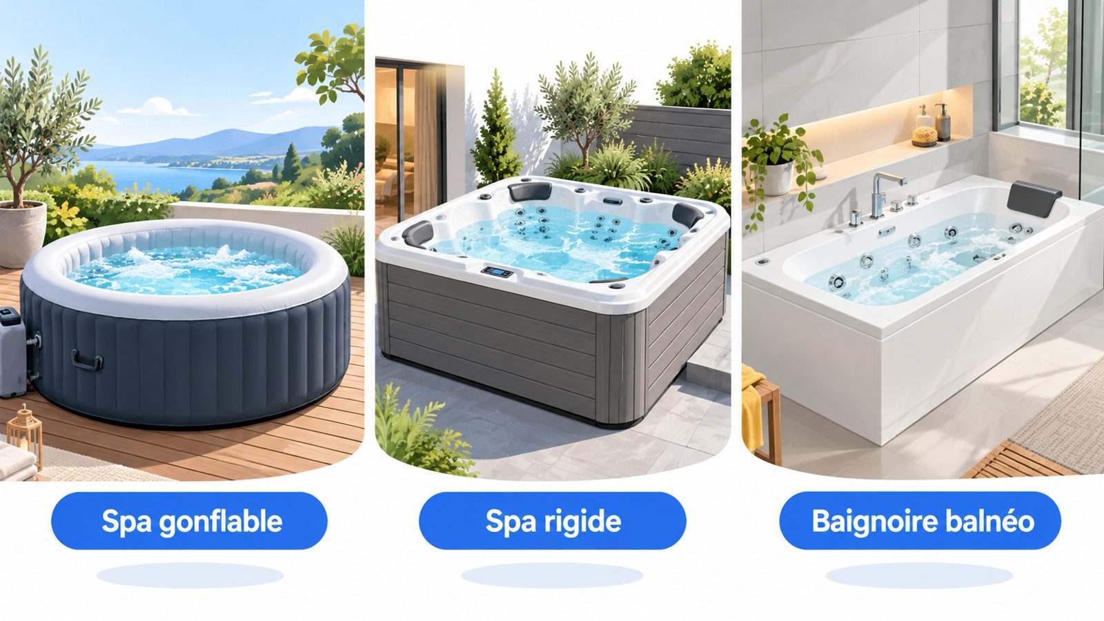Comparaison d'un spa gonflable, d'un spa rigide et d'une baignoire balnéo