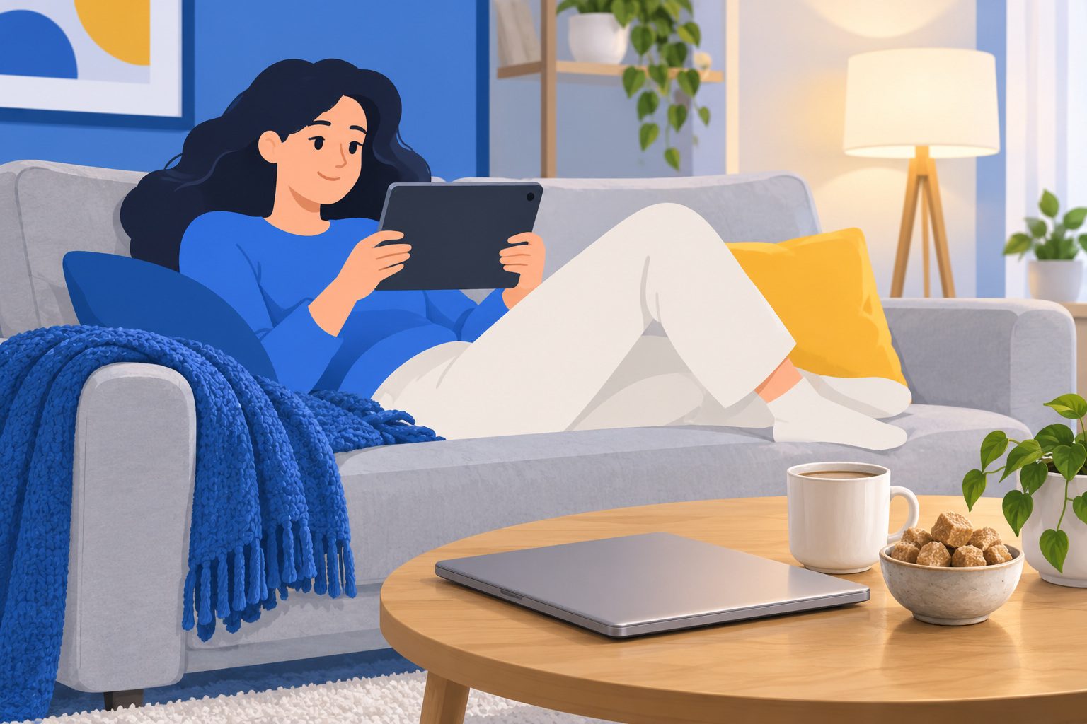 Personne installée dans un canapé qui regarde une série sur une tablette, avec un ordinateur portable fermé posé sur la table basse