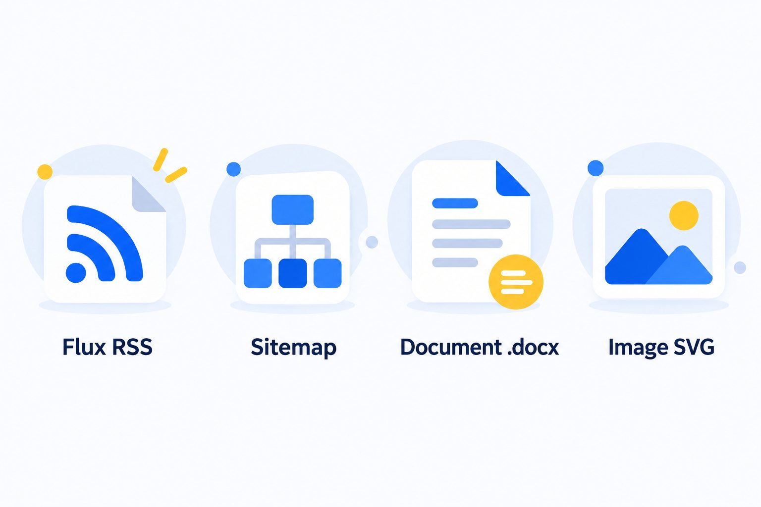 Icônes des usages du XML : flux RSS, plan de site, document Word et image SVG