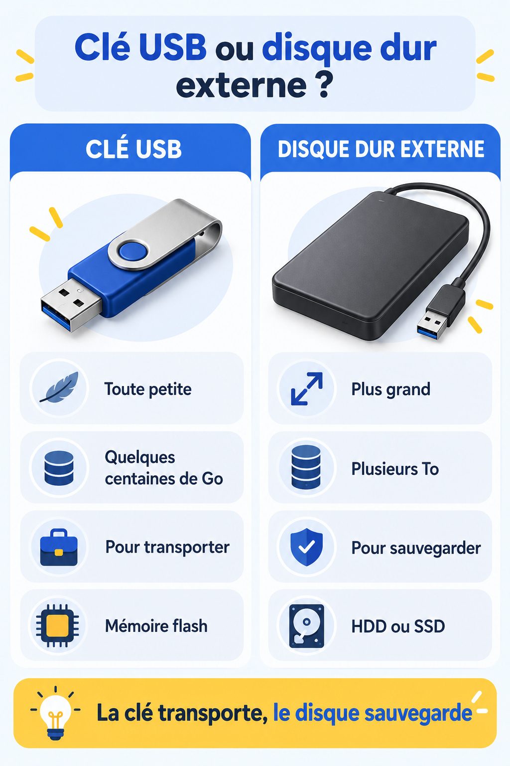 Différence entre clé USB et disque dur externe : infographie comparative