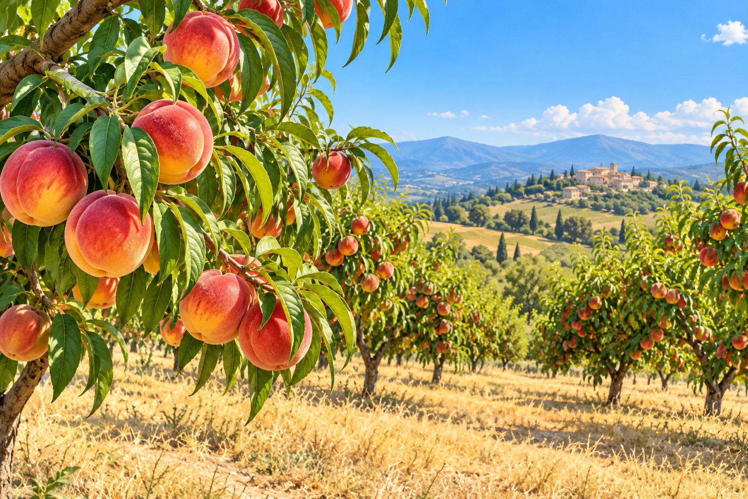 Verger de pêchers en été avec des fruits rouges et jaunes sur les branches