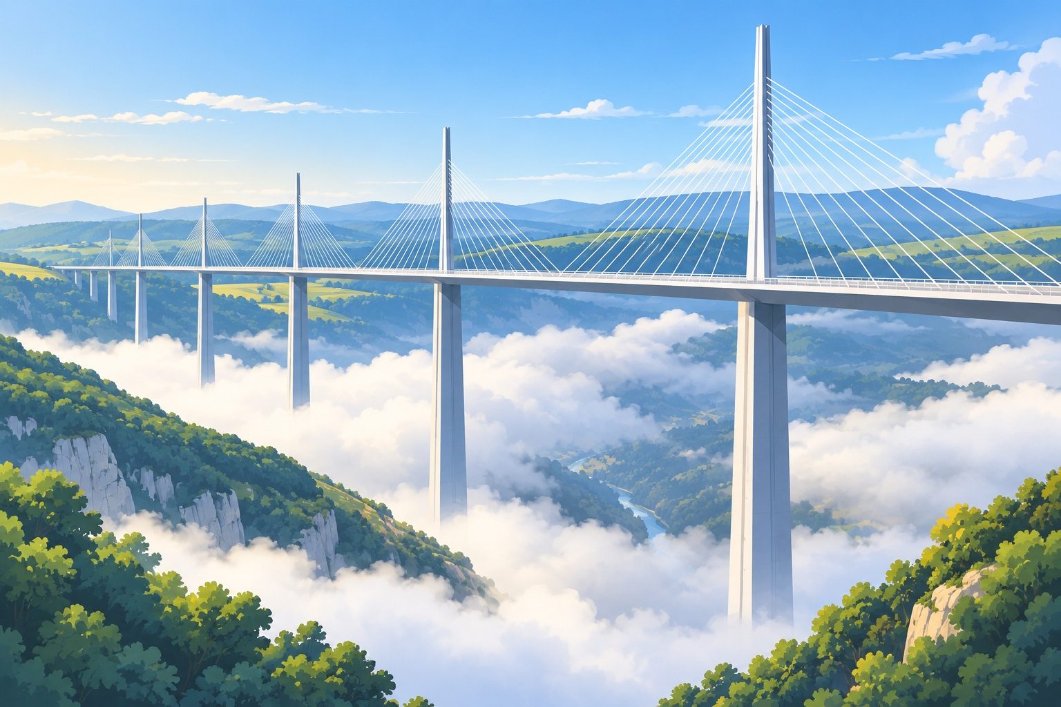 Viaduc à haubans traversant une vallée au-dessus des nuages