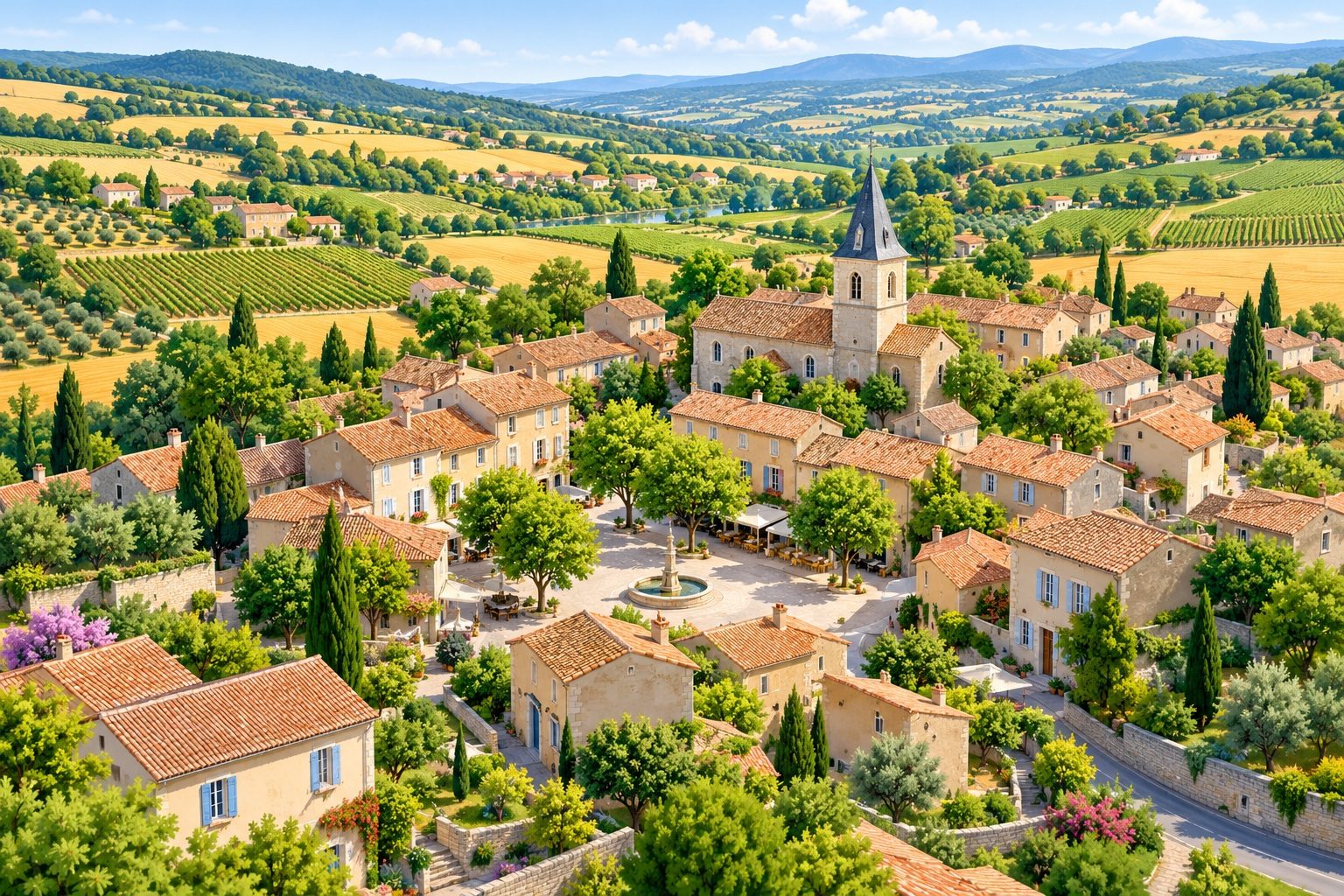 Vue d'un village français entouré de champs avec son clocher, ses toits de tuiles et une petite place
