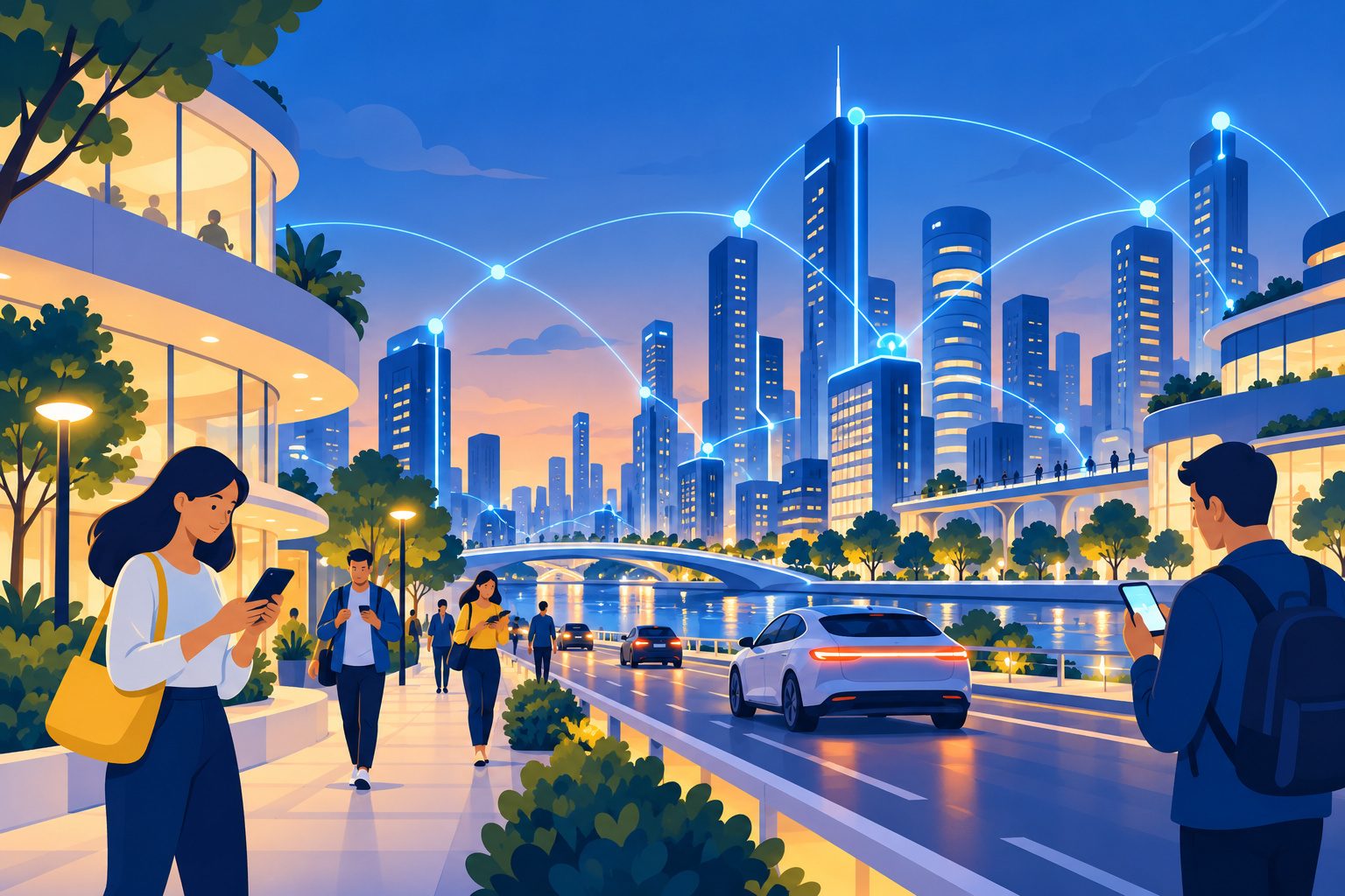 Ville moderne la nuit avec des personnes utilisant leur smartphone et des lignes lumineuses symbolisant le réseau 5G