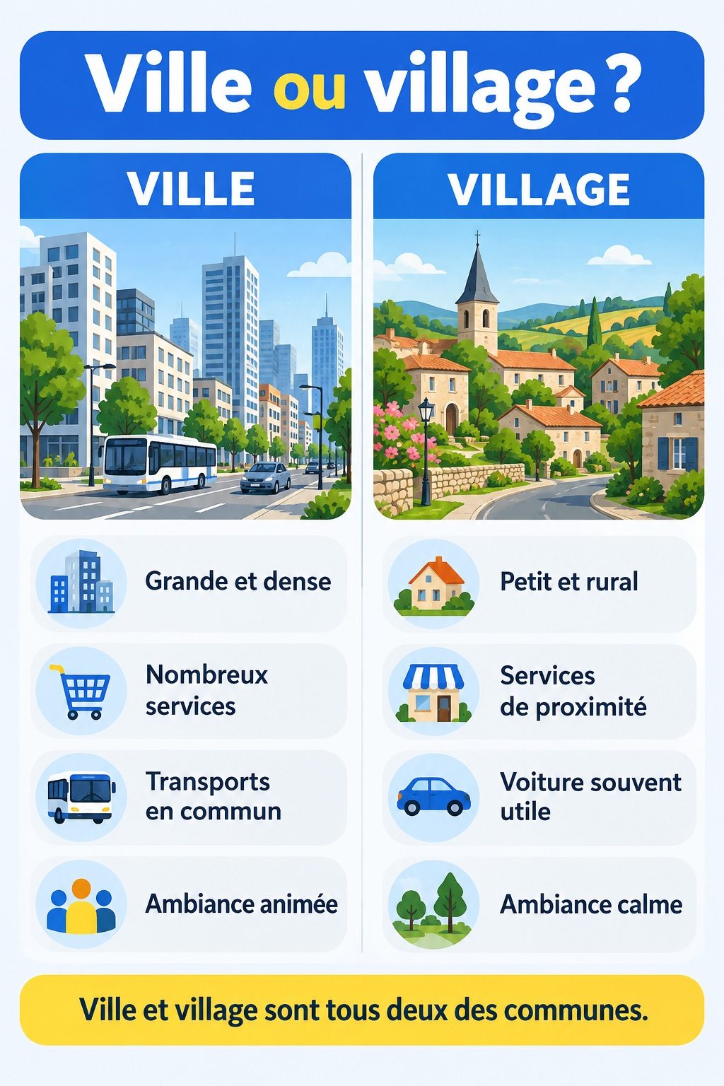 Différence entre ville et village : infographie comparative