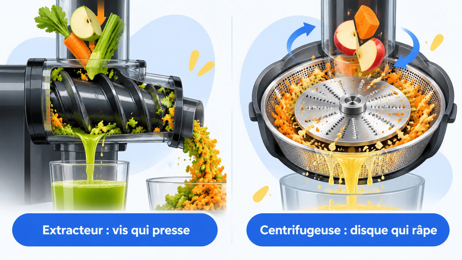 Comparaison de la vis sans fin d'un extracteur de jus et du disque râpeur d'une centrifugeuse