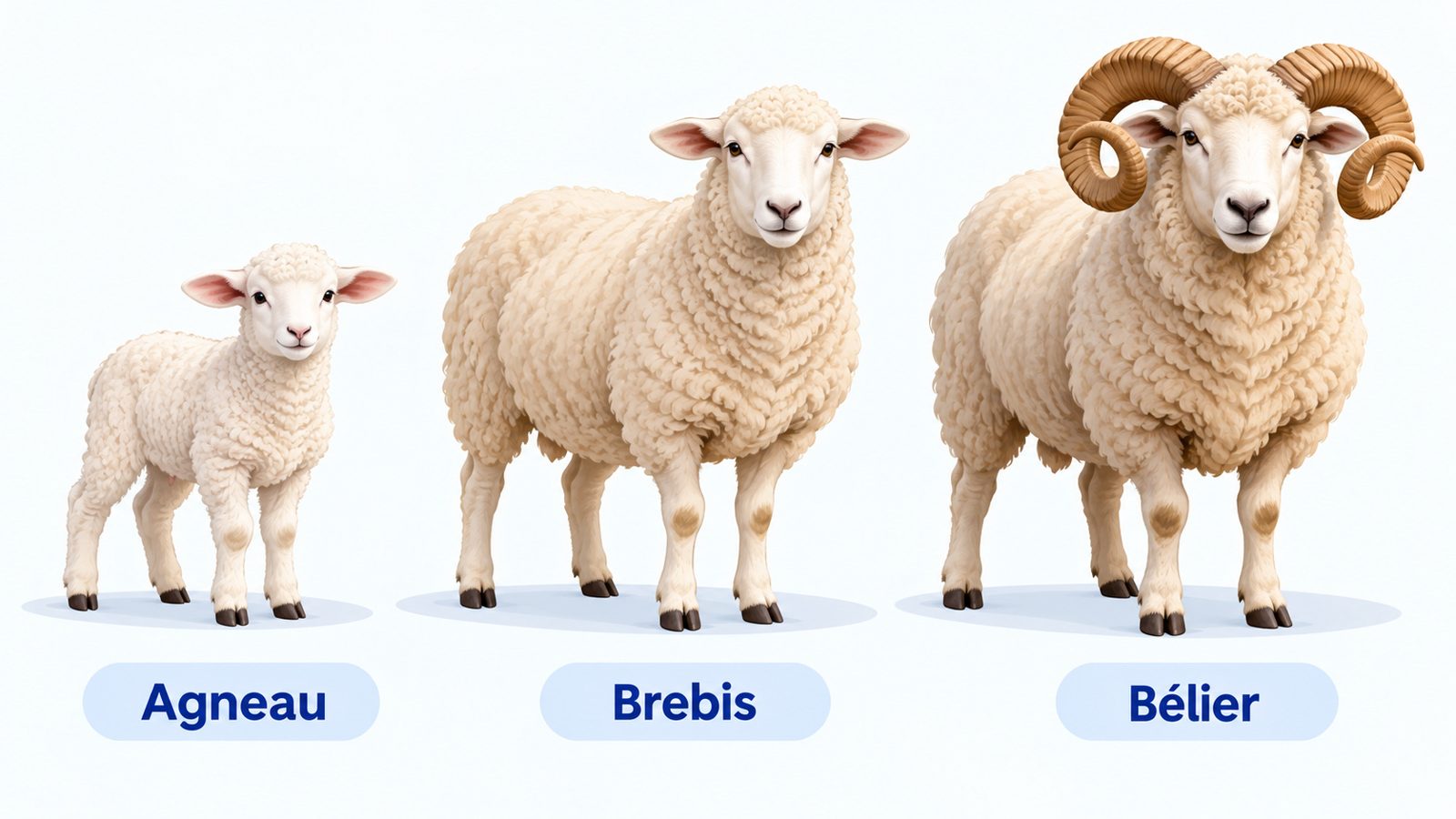 Planche des ovins : agneau, brebis, bélier avec leur nom
