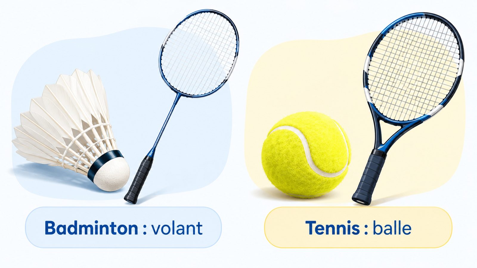 Comparaison d'un volant de badminton à plumes et de sa raquette légère avec une balle de tennis jaune et sa raquette