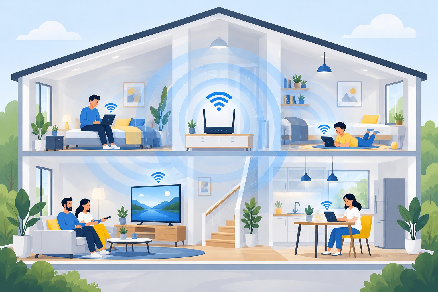 Maison en coupe avec des ondes Wi-Fi qui se diffusent dans toutes les pièces depuis un routeur placé au centre