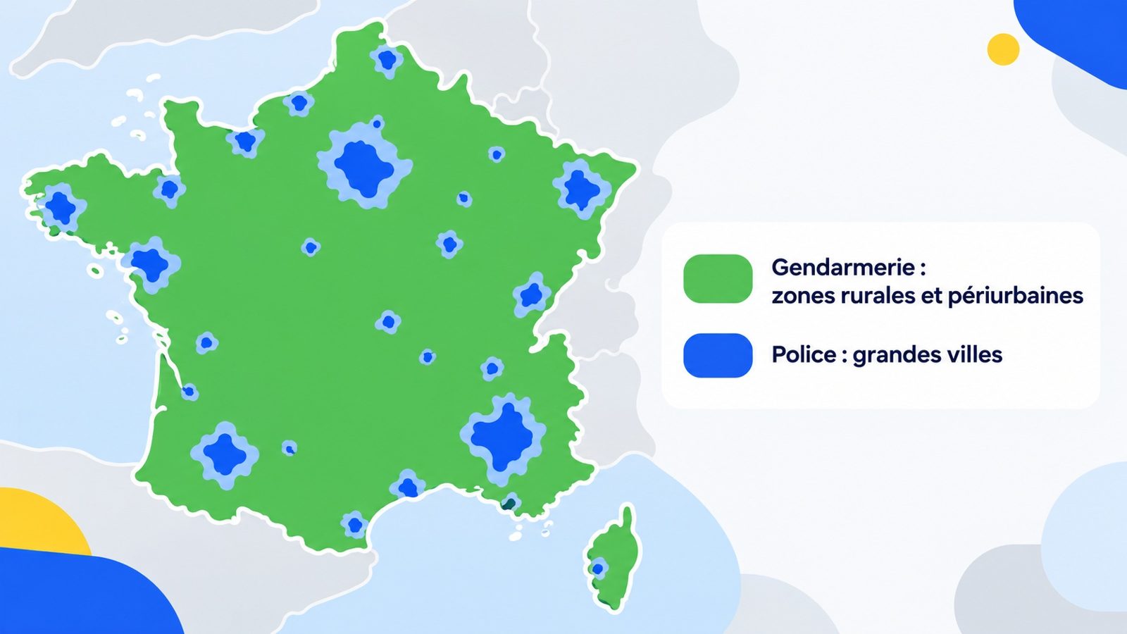 Schéma de la France montrant la police en ville et la gendarmerie dans les campagnes
